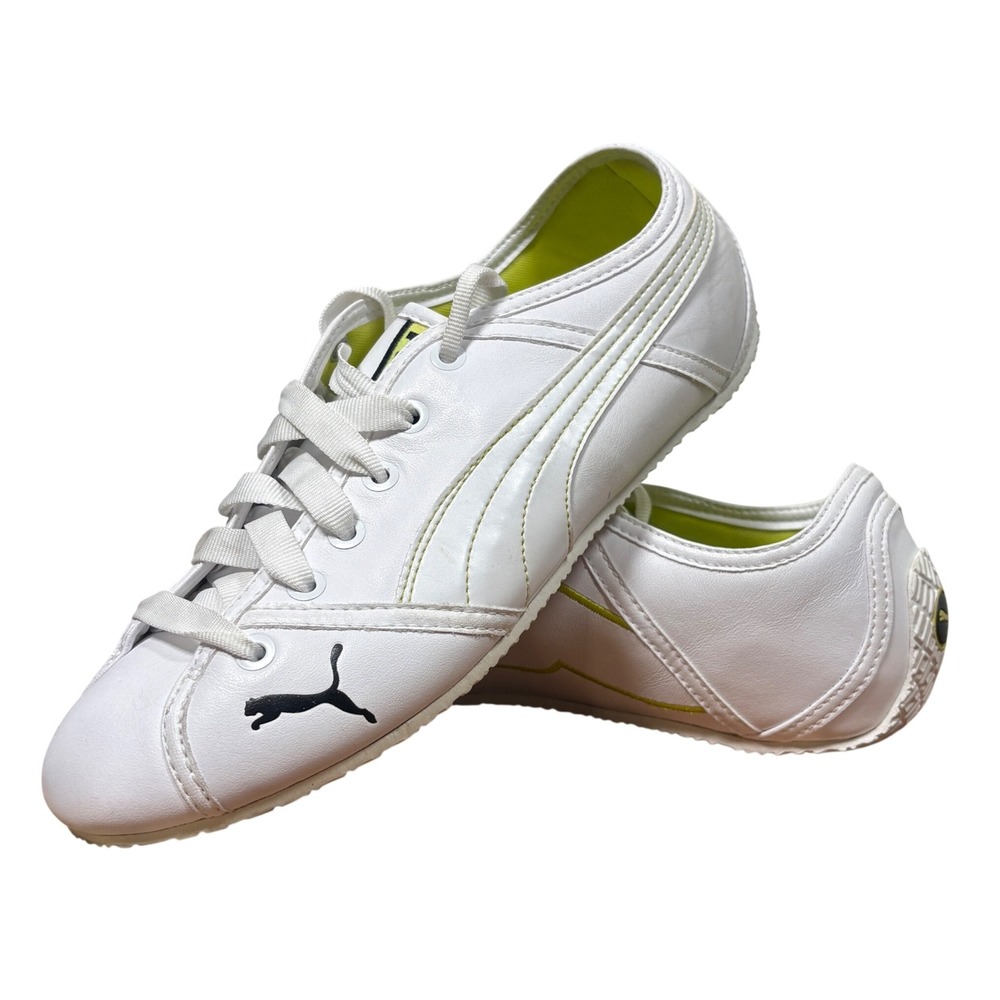 Puma Sport Lifestyle White Lime Green Leather Driving Shoes Women 9 LO-T-R
